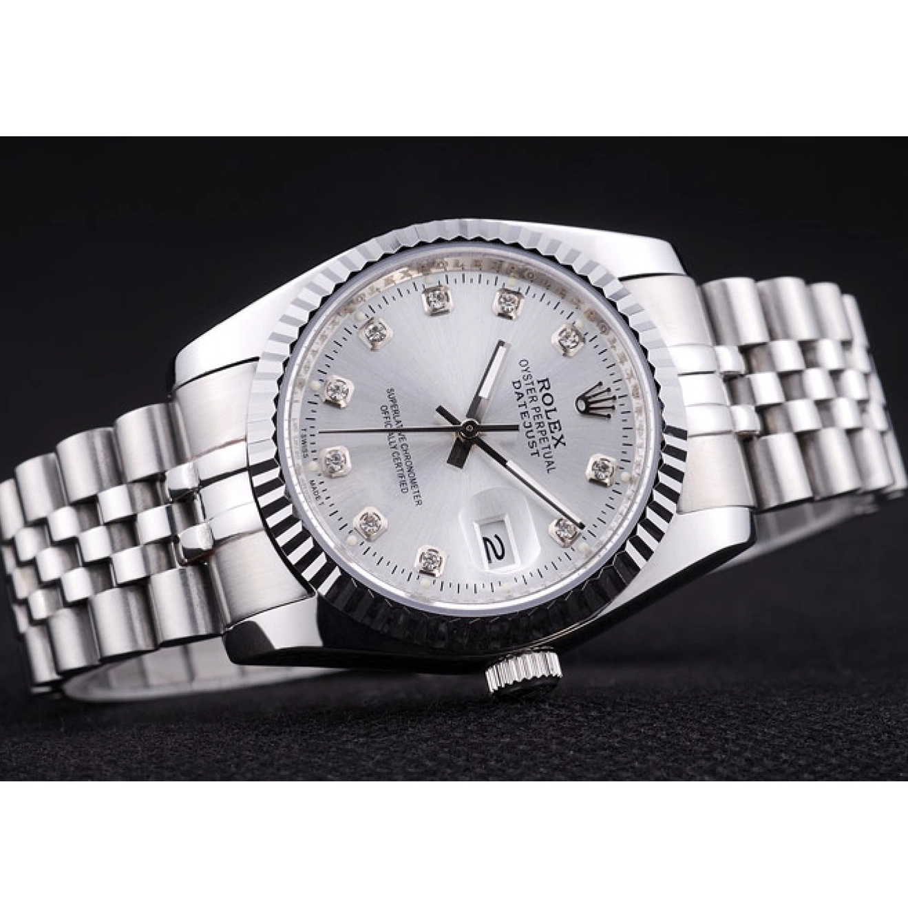 Aaa replica Ribbed 7455 Silver Datejust Diamonds Bezel Rolex Dial 0819